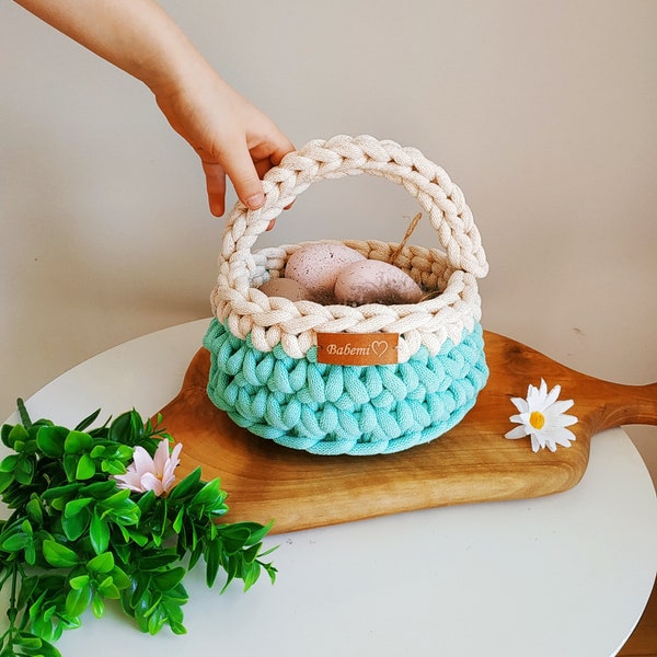 Easter basket, crochet basket for Kids, Girl Floral Basket, Mint small egg holder, easter decor, gift for her,  knitted baby girl basket,