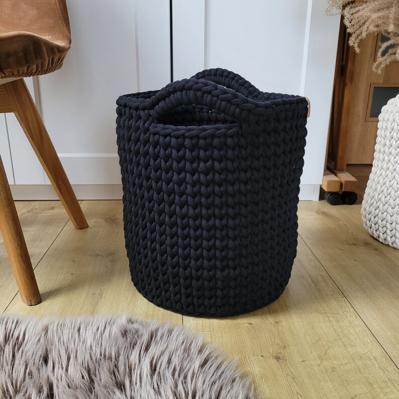 Large Basket for Blankets, Black Crochet Organizer for Toys, Woven