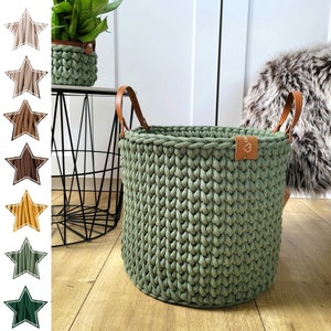 Large Basket for blankets, chunky crochet organizer for toys, woven green rope basket, standing basket with handles, large heavy solidbasket