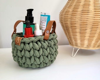 mini basket, cosmetic storage, small crochet basket, cotton hand woven pot cover, sage green, light green basket, bright chunky pot cover,