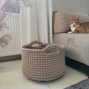 Large basket, crochet cotton rope basket for living room, beige basket for pillows, big size modern organizer, knitted bin for bedroom, kids zdjęcie 5