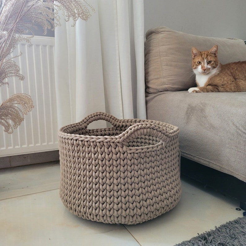 Large basket, crochet cotton rope basket for living room, beige basket for pillows, big size modern organizer, knitted bin for bedroom, kids zdjęcie 5