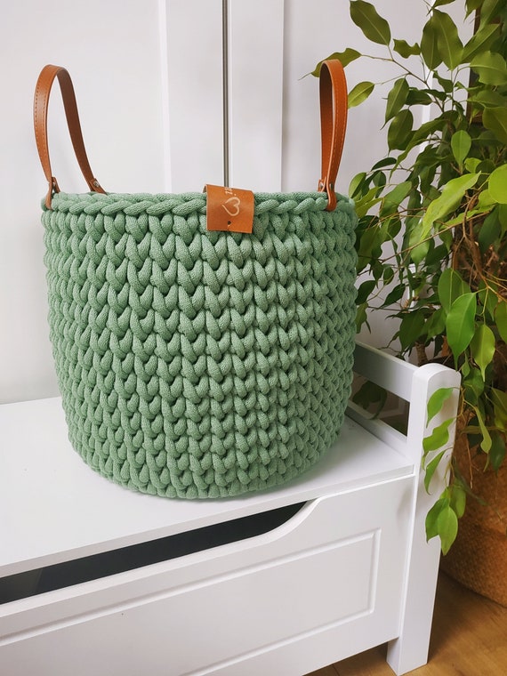 Large Basket for Blankets, Crochet Organizer for Plant, Crochet Green Rope  Basket, Standing Basket With Handles, Large Heavy Solid Basket 