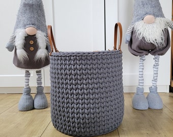 Xlarge Basket, blanket basket, crochet bathoom organizer, steel gray toy storage,  standing basket with handles,woven cotton rope basket