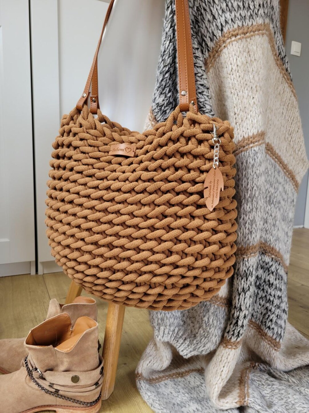 ★LOW CLASSIC★ CROCHET HOBO BAG BROWN Women's Crocheted Crossbody Tote Hobo Bag, Knitted Shoulder