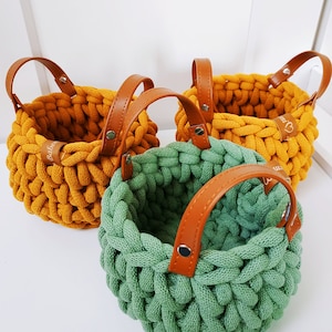 Eucalyptus Green Crochet Basket: Eco Leather Handle, Recycled Cotton Rope