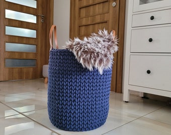 Laundry basket, Large basket, big crochet basket for blanket and pillows, knitted woven rope basket, 35/45cm, 14'' 18'', navy blue, jeans