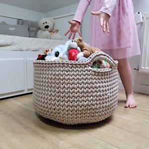 Large basket, crochet cotton rope basket for living room, beige basket for pillows, big size modern organizer, knitted bin for bedroom, kids beige