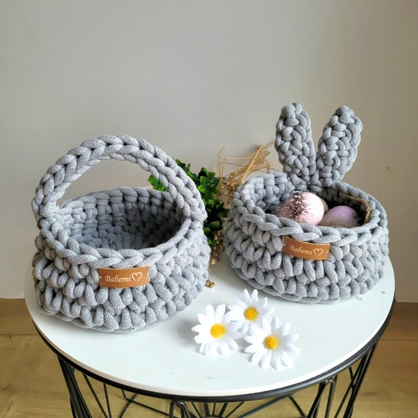 Set of 2 baskets, crochet easter baskets for egg, knitted easter, bubby basket with ears, cotton gray small basket with one handle,