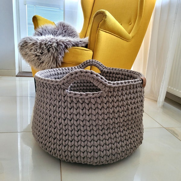 Blanket Basket, large crochet basket for Living room and bedroom, coffe dark beige basket, chunky nursery toy bin, boho modern minimalist