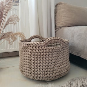 Large basket, crochet cotton rope basket for living room, beige basket for pillows, big size modern organizer, knitted bin for bedroom, kids zdjęcie 8