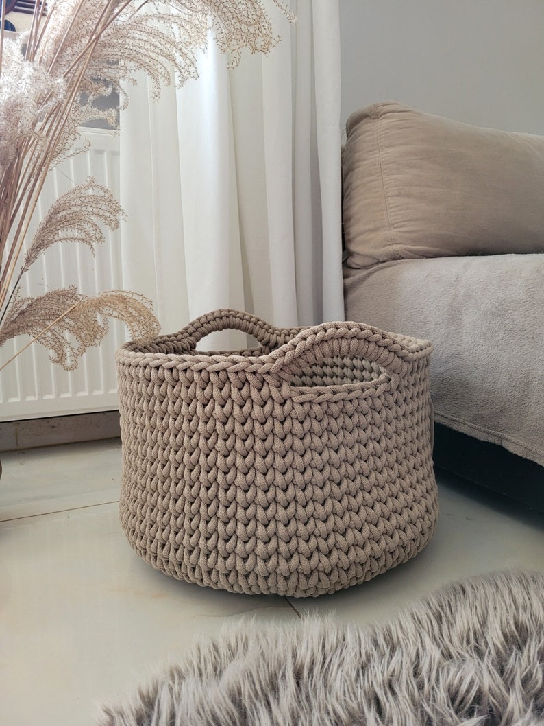 Large basket, crochet cotton rope basket for living room, beige basket for pillows, big size modern organizer, knitted bin for bedroom, kids zdjęcie 8