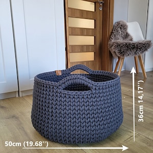 Large basket, crochet cotton rope basket for living room, beige basket for pillows, big size modern organizer, knitted bin for bedroom, kids charcoal