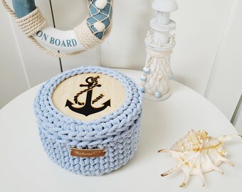 Round basket with lid, small basket with anchor lid, crochet organizer for jewelry, box for shells, gift for men, blue kids&boys decor room.