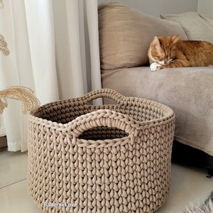 Large basket, crochet cotton rope basket for living room, beige basket for pillows, big size modern organizer, knitted bin for bedroom, kids zdjęcie 4