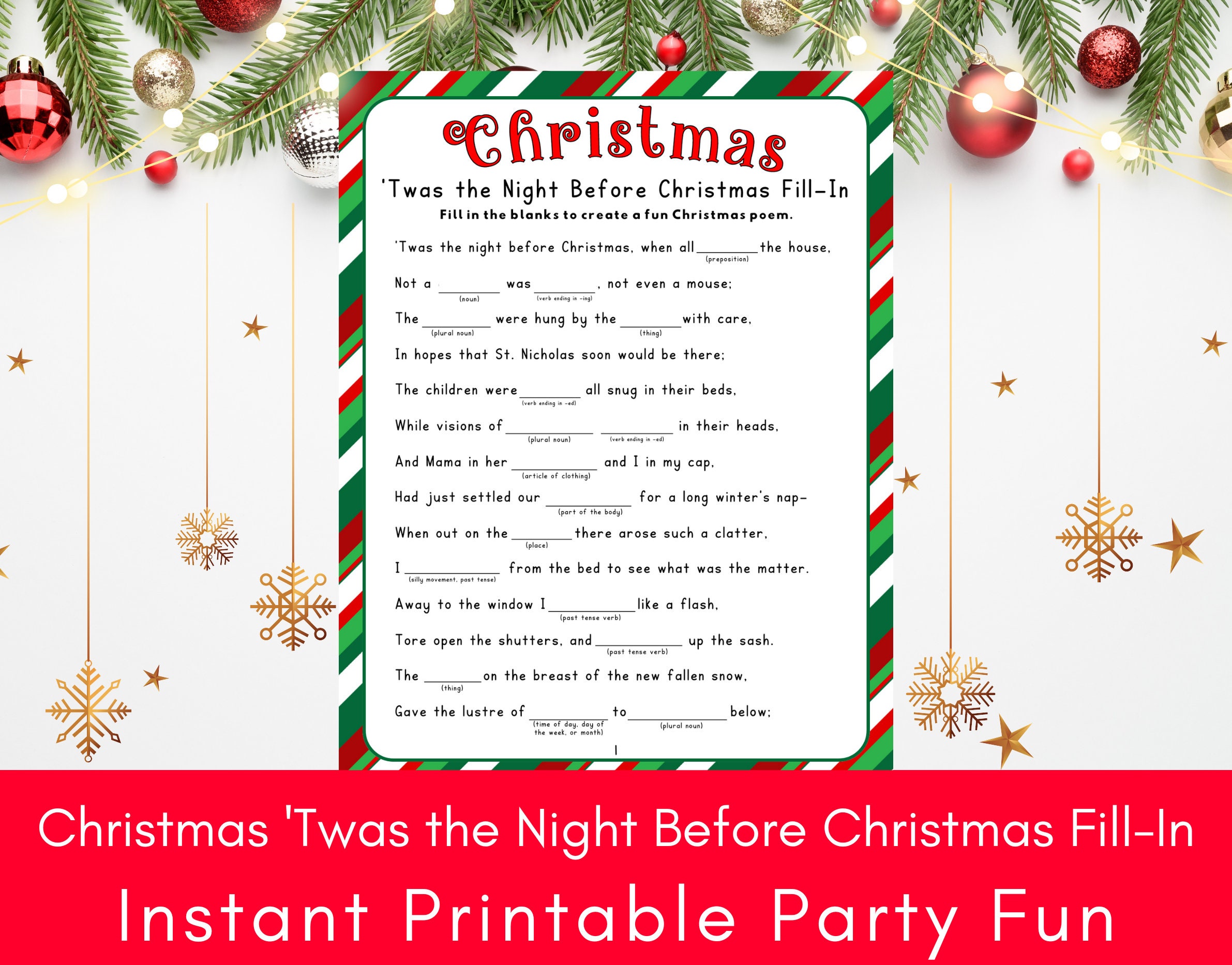 christmas 'twas the night before christmas fill-in, printable holiday funny  word game, christmas word games