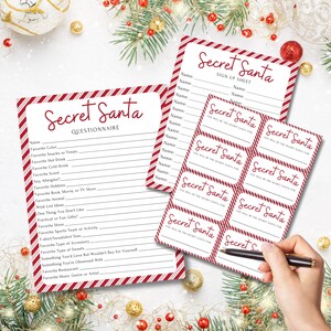May include: Red and white striped Secret Santa questionnaire and sign-up sheet printable. The questionnaire asks for favourite colours, snacks, drinks, hobbies, and more. The sign-up sheet has spaces for names and a Secret Santa card with the text "You will be the Secret Santa for".