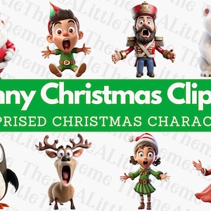 Lustige Weihnachtscharakter Clipart, überraschte Gesichter von Weihnachtscharakteren, Ganzkörperbilder, 3D-Animationsstil