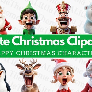 Op de afbeelding: Acht cartoon kerstfiguren met blije gezichtsuitdrukkingen. Kerstman, elf, notenkraker, ijsbeer, pinguïn, rendier, meisje met een kerstmanmuts en oma.