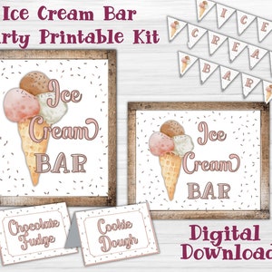 Ice Cream Bar Party Kit Instant Download Printable, Ice Cream Banner, Ice Cream Sundae Bar Ingredient Cards, Pink and Brown, Boho, Neutral