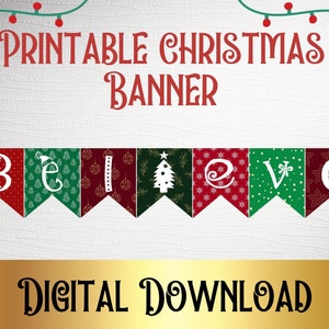 Believe Christmas Banner, Printable Christmas Banner, Merry Christmas, Christmas Magic Christmas Decorations, Digital Download