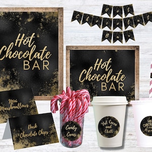 Hot Chocolate Bar Kit Black and Gold Instant Download Printable, Black and Gold Hot Chocolate Station, Hot Chocolate Bar Sign, Tags, Labels