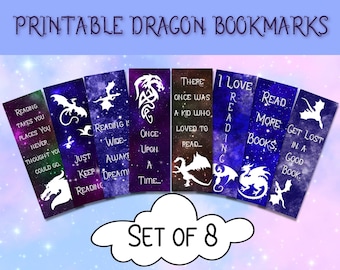 Dragon Bookmarks- Set of 8, Printable Dragon Bookmarks for Kids, Fantasy Bookmarks with Reading Quotes for Book Lovers