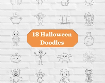 May include: A collection of 18 Halloween doodles in black and white, including a pumpkin, bat, cat, ghost, cauldron, scarecrow, tombstone, castle, mummy, potion bottle, skeleton, spider, web, werewolf, witch, vampire, and zombie. Text reads "18 Halloween Doodles" and "SVGs and Transparent PNGs".