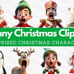 Op de afbeelding: Acht cartoon kerstfiguren met verraste gezichtsuitdrukkingen. De figuren omvatten de kerstman, een elf, een speelgoed soldaat, een ijsbeer, een pinguïn, een rendier, een meisje elf en een vrouw met een bril. De figuren kijken allemaal met open mond verrast naar de kijker.