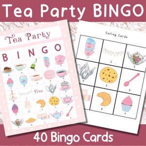 Juego de bingo imprimible Tea Party, juego de despedida de soltera, actividad de baby shower, juego de fiesta de té para niños y adultos, 40 cartas más marcadores