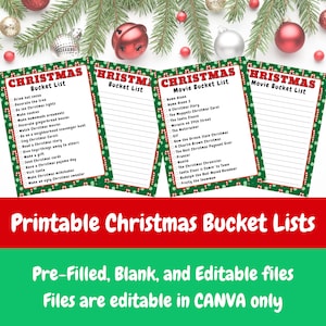 Christmas Bucket List Printable and Christmas Movie Bucket List, Blank and Filled Version, Editable File for Canva