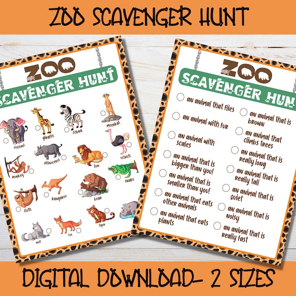 Zoo Scavenger Hunt for Kids Printable- 2 Versions for Older and Younger Kids, 2 Sizes, Instant Download