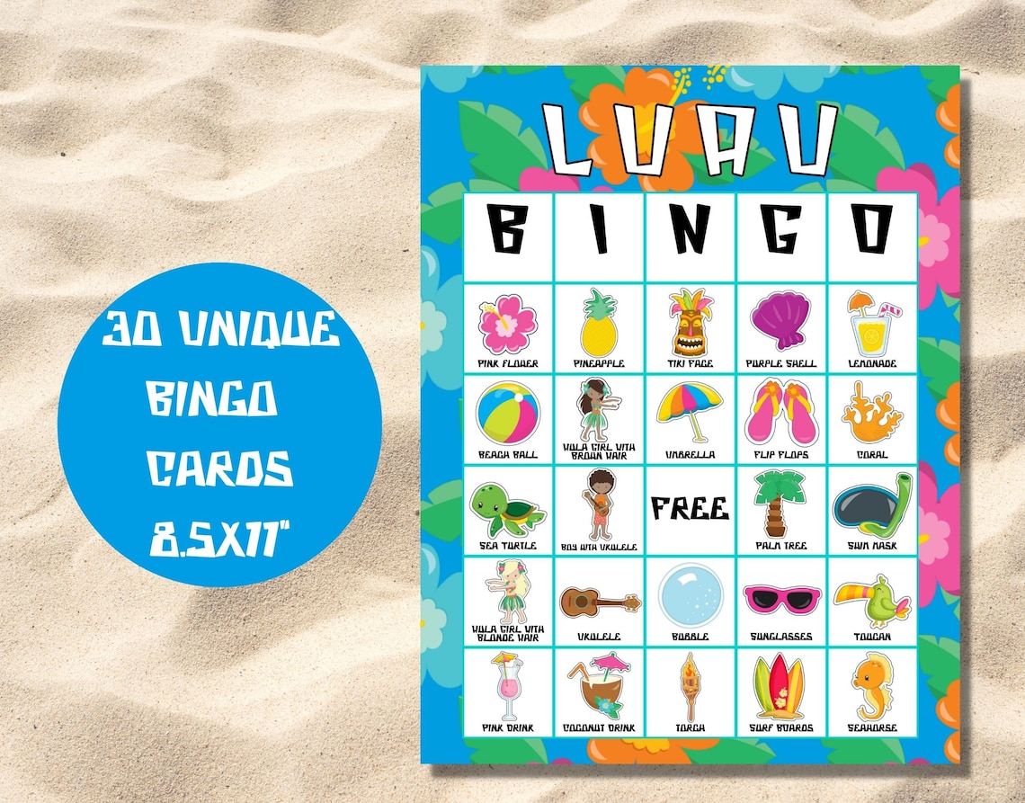Printable Luau Bingo Game, Hawaiian Party Game, Aloha Bingo Game for