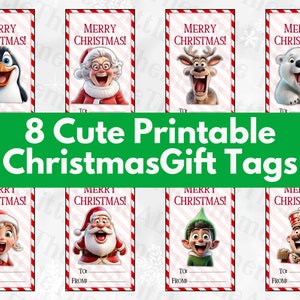 Printable Christmas Gift Tags with Happy Characters - Digital Download, 2x3.5 inches, Festive Design