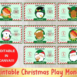 Bearbeitbares druckbares Weihnachtsspielgeld, Santa Bucks, falsches Weihnachtsgeld, Pretend Play, bearbeitbar in Canva