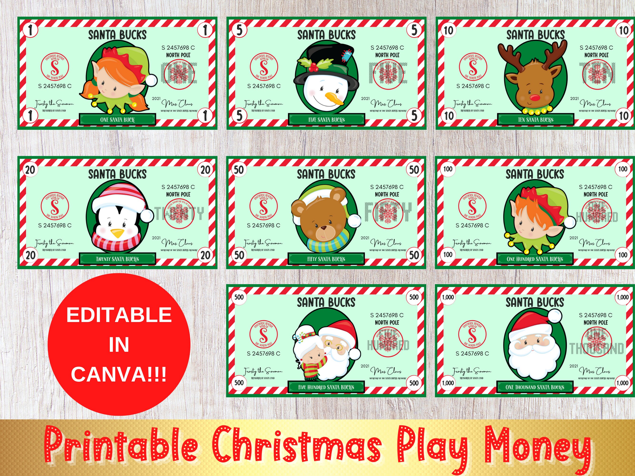Editable Christmas Printable Play Money Santa Bucks Fake Etsy