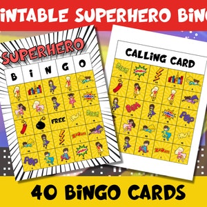 Jogo de bingo de super-heróis, jogo de festa de super-heróis, jogo de bingo de quadrinhos para crianças e adultos, 40 cartas mais marcadores