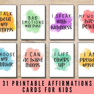 Druckbare Affirmationskarten für Kinder und Erwachsene, 31 Affirmationskarten, Positive Mindset, Tägliche Affirmationen, Mindfulness