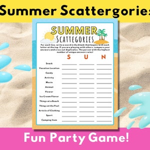 Summer Scattergories Printable Party Game, Large Group Games for Gatherings, Activities for Kids and Adults, Word Games, Family Game Night