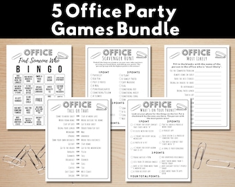 May include: A bundle of five office party games printed on white paper. The games include Bingo, Scavenger Hunt, "This or That", "What's on Your Phone?", and "Most Likely". The title "5 Office Party Games Bundle" is at the top. Paper clips are on the wooden surface.
