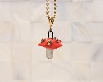 Magical Mushroom Porcelain Charm, Mushroom Pendant, Mushroom Necklace, Miniature Mushroom, with Gold