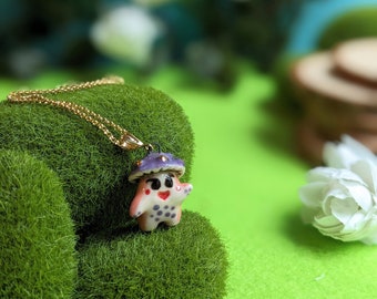 Winnie the Pink and Purple Mushroom Sprite Necklace with Gold