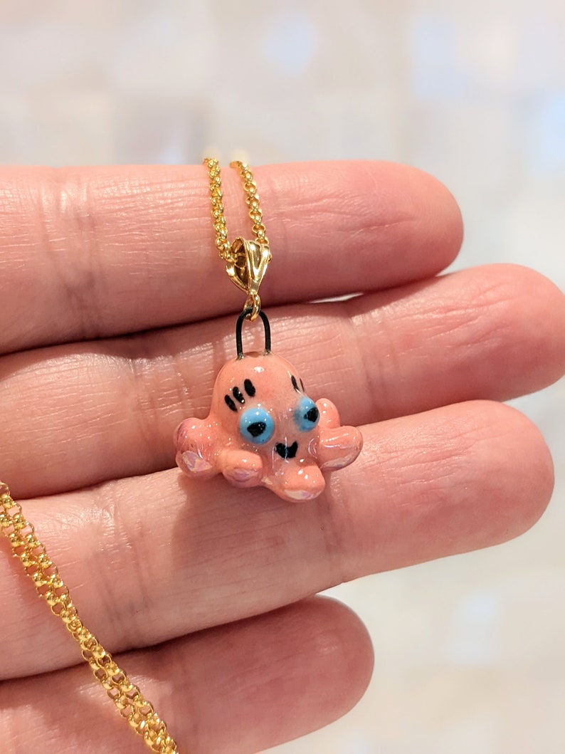 Pinky the Baby Octopus Porcelain Charm, Octopus Pendant, Octopus Necklace, Miniature Octopus, with Luster image 6