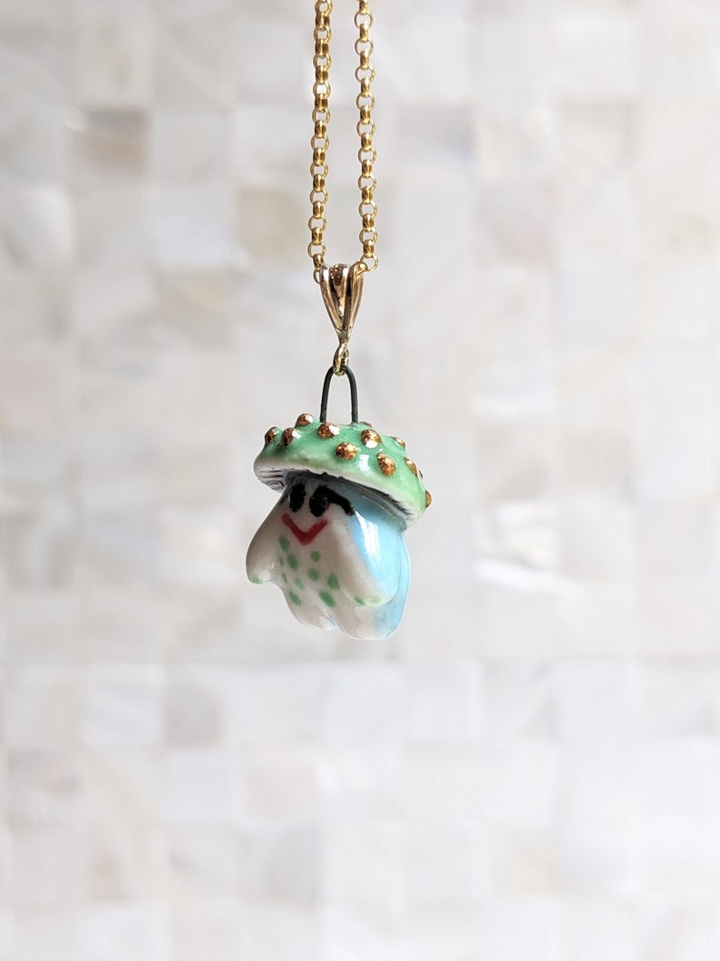 Smushi the Green and Blue Mushroom Sprite Necklace with Gold image 4