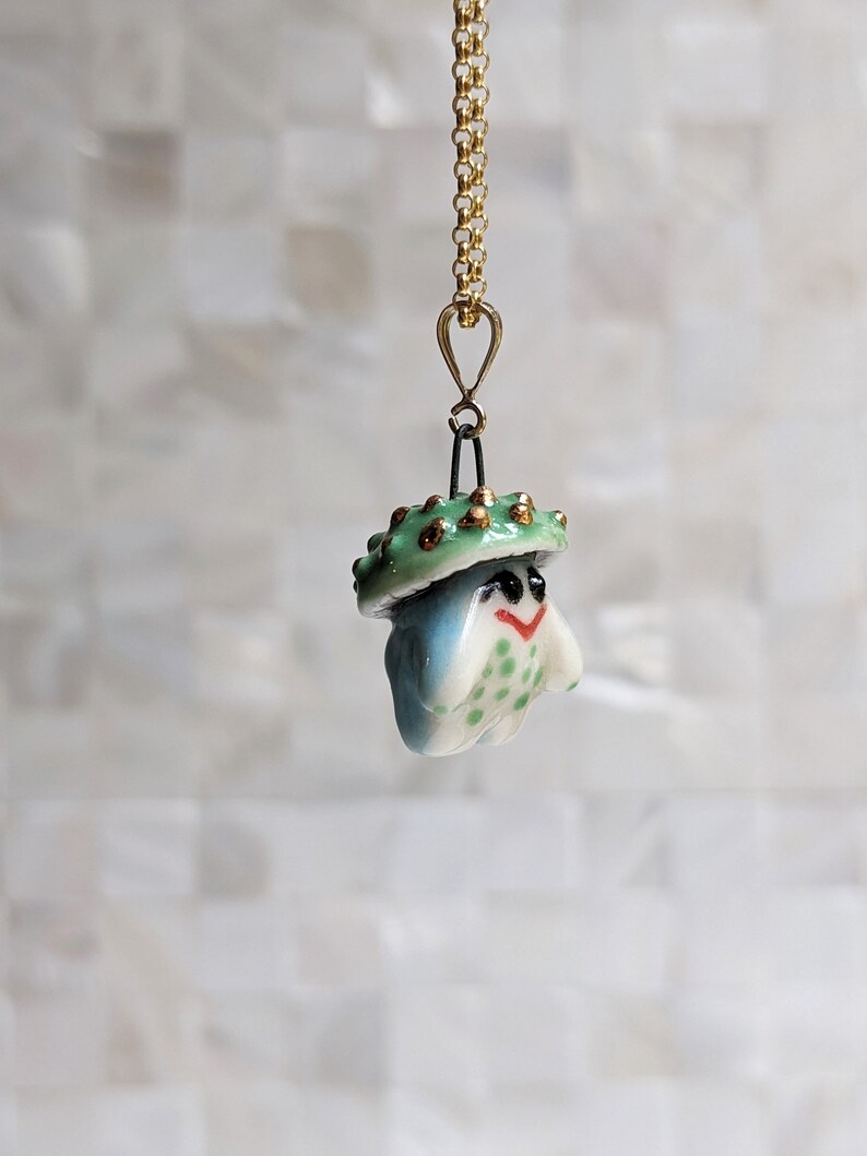 Smushi the Green and Blue Mushroom Sprite Necklace with Gold image 3