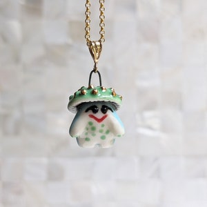 Smushi the Green and Blue Mushroom Sprite Necklace with Gold image 2