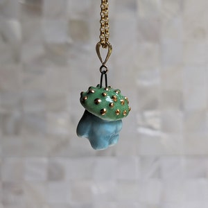 Smushi the Green and Blue Mushroom Sprite Necklace with Gold image 5