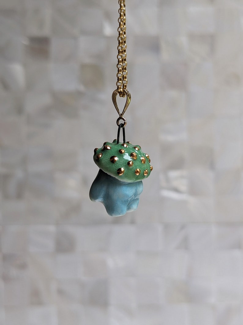 Smushi the Green and Blue Mushroom Sprite Necklace with Gold image 5