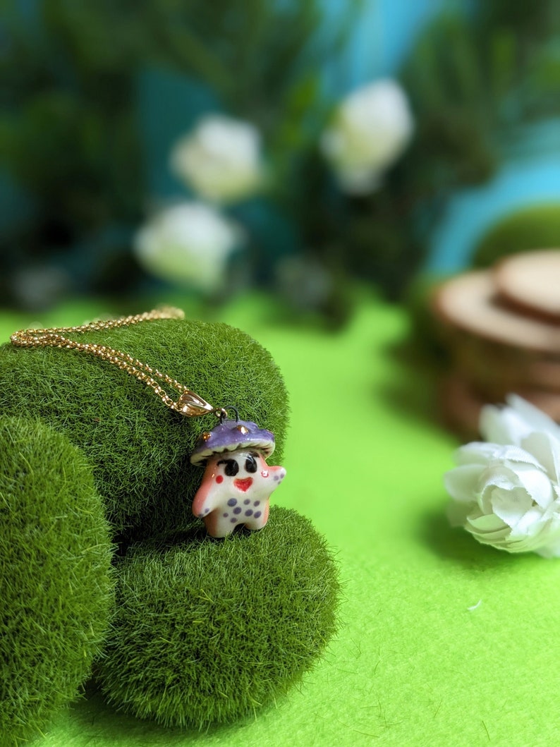 Winnie the Pink and Purple Mushroom Sprite Necklace with Gold image 1