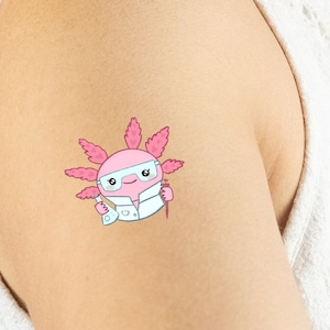 May include: A pink axolotl wearing a white lab coat and glasses, holding a test tube and a beaker. The axolotl is surrounded by pink and green leaves.